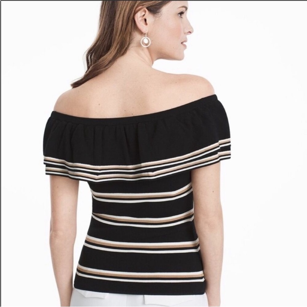 WHBM Off Shoulder Ruffle Striped Sweater Top Black tan white Sz S - Picture 5 of 14